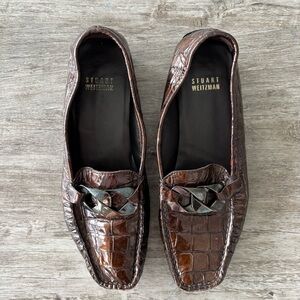 VTG Stuart Weitzman Loafers Flats Leather Brown Embossed Buckle Women US 6